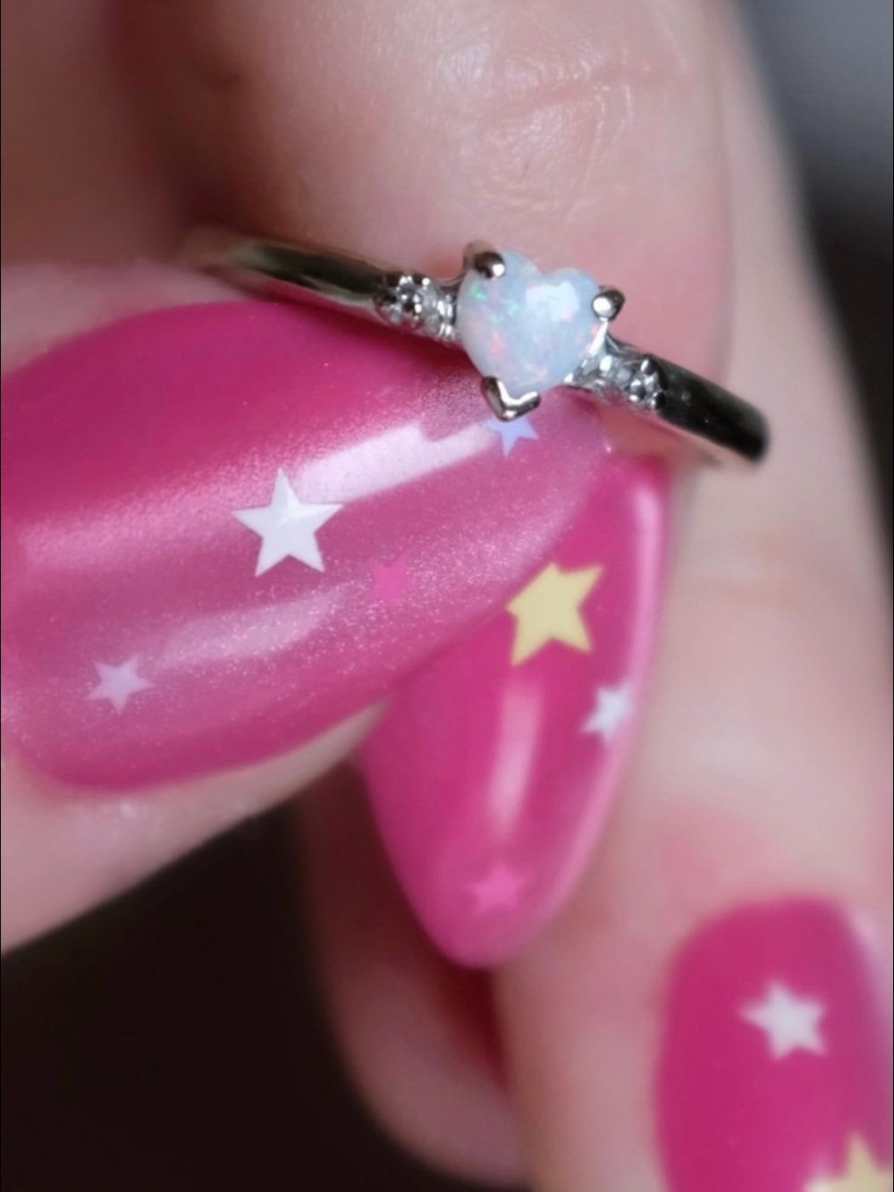 Vintage 14k White Gold Opal Heart & Diamond Ring